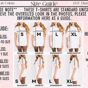 May include: Size guide for Comfort Colors 1717 Unisex t-shirts. The guide includes measurements for sizes S, M, L, and XL, with details on relaxed, loose, oversized, and dress shirt fits. Model stats are also provided: 5'4", 120 lbs, bust 34", waist 26.5", and hips 38".