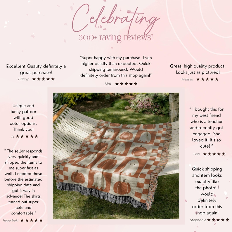 May include: A woven throw blanket with a Halloween theme, featuring a pattern of pumpkins and ghosts in shades of brown, cream, and white. The blanket is draped over a hammock, with fringed edges.