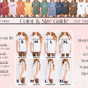 May include: Color and size guide for Comfort Colors 1717 Unisex t-shirts. The image shows a color chart with various shirt colors and a size guide with measurements in inches. Model stats are included: 5'4", 120 lbs, Bust: 34", Waist: 26.5", Hips: 38".