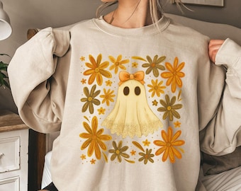 Halloween Lace Ghost Sweatshirt Ghost Bow Crewneck Halloween Sweatshirt Spooky Fall Floral Ghost Sweatshirt,Cute Ghost Shirt,Halloween Ghost