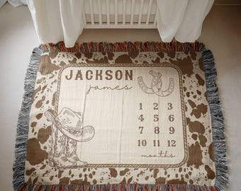 Custom Baby Milestone Blanket,Custom Monthly Baby Blanket,Western Nursery Decor,western baby boy gifts,cow milestone blanket,Cowboy Nursery