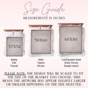 May include: Size guide for blankets, showing three sizes: 37x52 inches, 50x60 inches, and 60x80 inches. The guide includes text indicating the blankets are for baby, pet, travel, kids, teens, picnic, full/queen bed, sofa throw, and guest room. The design scales to fit the blanket size.