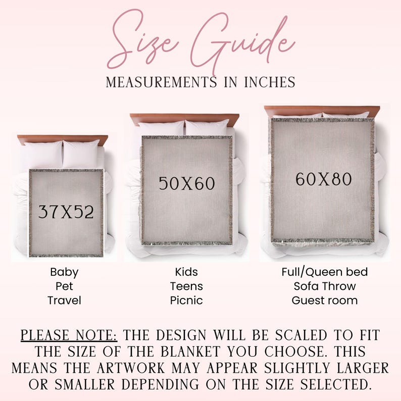 May include: Size guide for blankets, showing three sizes: 37x52 inches, 50x60 inches, and 60x80 inches. The guide includes text indicating the blankets are for baby, pet, travel, kids, teens, picnic, full/queen bed, sofa throw, and guest room. The design scales to fit the blanket size.