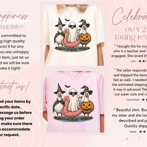 May include: Cream and pink t-shirts featuring a Halloween-themed graphic of ducks dressed as a penguin, ghost, and jack-o'-lantern. The shirts have the text "Happiness Guarantee" and "Contact us!"