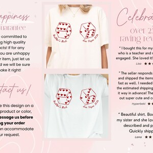 May include: Cream-colored and white t-shirts with a red dice design featuring heart-shaped pips. The text "Las Vegas 2026" and "Kathlyn's Bach" are also visible. The image also includes customer reviews and guarantee information.