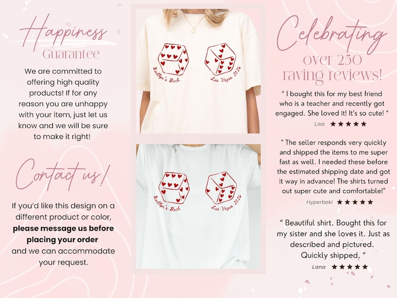 May include: Cream-colored and white t-shirts with a red dice design featuring heart-shaped pips. The text "Las Vegas 2026" and "Kathlyn's Bach" are also visible. The image also includes customer reviews and guarantee information.