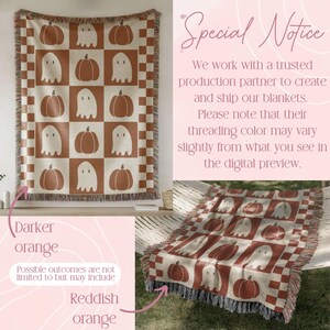 May include: A woven throw blanket featuring a repeating pattern of pumpkins and ghosts in a checkerboard design. The color scheme includes shades of orange and cream. The blanket has a fringed edge and is suitable for fall or Halloween decor.