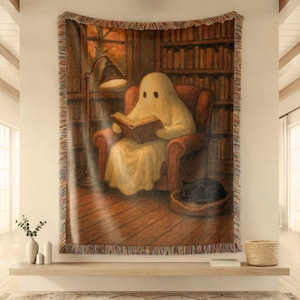 Halloween throw blanket, fall reading blanket, gothic home decor, Vintage throw blanket, cozy reading blanket, ghost woven throw, summerween