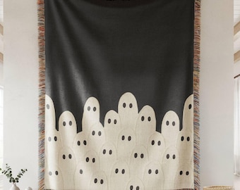 Ghost Throw Blanket Halloween Decor, Ghost Woven Tapestry Blanket, cute halloween home decor, spooky season gift black and white decorations