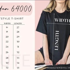 May include: A size chart for Gildan 64000 Softstyle T-shirts, showing measurements in inches for width and length, for sizes XS to 5XL.