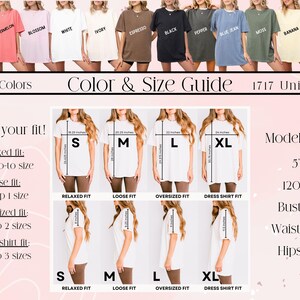 May include: A size chart for unisex t-shirts with different fit options: relaxed, loose, oversized, and dress shirt. The chart shows the measurements for each size (S, M, L, XL) and the corresponding fit. The model is 5'4" and 120 lbs with a bust of 34", waist of 26.5", and hips of 38".