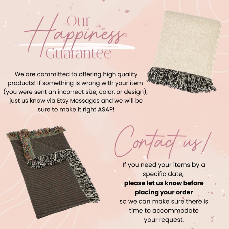 May include: Two woven throw blankets with fringe. One is beige with black fringe, the other is dark brown with a green, red, and black fringe. The image also includes text that says "Our Happiness Guarantee" and "Contact us!"