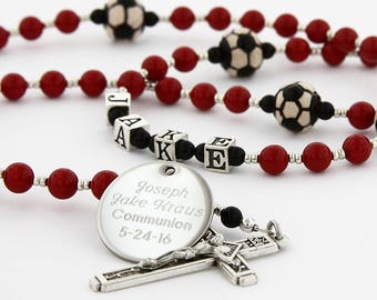 First Communion Rosary for Boys, Soccer Theme Communion Gift, Sports Rosary, Personalized Rosary, Red & Black Soccer Rosary, SoccerRedBl