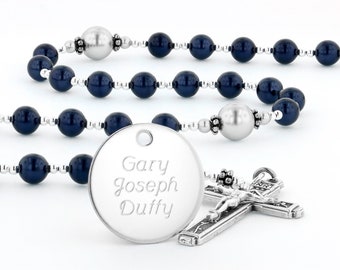 First Communion Rosary, Communion Gift, Personalized Rosary, Boy Rosary, Communion Bead, Engraved Rosary, Dark Blue & Grey Rosary, CheerDBGp