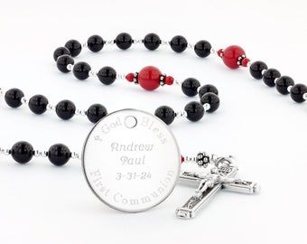 First Communion Rosary for Boys, Personalized Rosary, Rosary, Rosary Beads, First Communion Gift Boy, Black & Red Rosary, CheerBlRedp