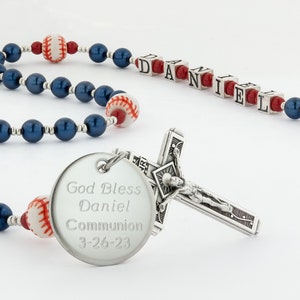 Baseball First Communion Rosary Beads, Boys Communion Gift or Engraved Confirmation Gift, Personalized Sports Catholic Rosary, BaseballDBred
