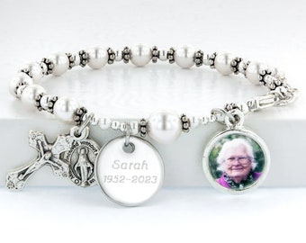 Memorial Rosary Photo Bracelet, Catholic Grief and Mourning Jewelry, Picture Rosary Beads, Catholic Remembrance Jewelry, BrMemoryWWp