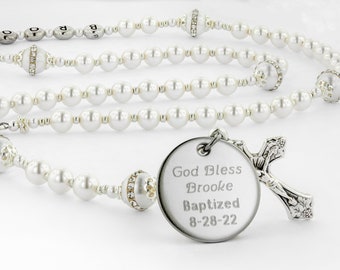 Girls Baptism Rosary, Personalized Rosary Beads, White Pearl Baby's Baptism Gift, Engraved Catholic Jewelry, Christening Gift, BapFancyWCPp