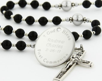 First Communion Rosary, Communion Gift, Personalized Rosary, Boy Rosary, Communion Beads, Engraved Rosary, Black & Grey Rosary, CheerBlGp