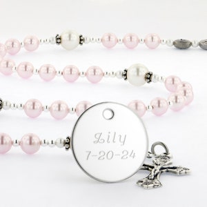 Girls Baptism Rosary, Name Rosary, Christening Gift, Baptism Gift, Christening Rosary, Engraved Rosary Beads, Pink & White Rosary, SweetPWp