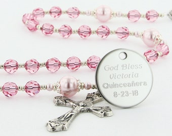 Quinceanera Gift, Personalized Rosary Beads, Quince Gift, Catholic Custom Name Pink Rosary, QuinceC10Pp
