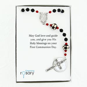 First Communion Rosary for Boys Communion Gift, Communion Beads, Boys Sport Rosary, Personalized Rosary, Black Soccer Rosary, SoccerBlRed image 2