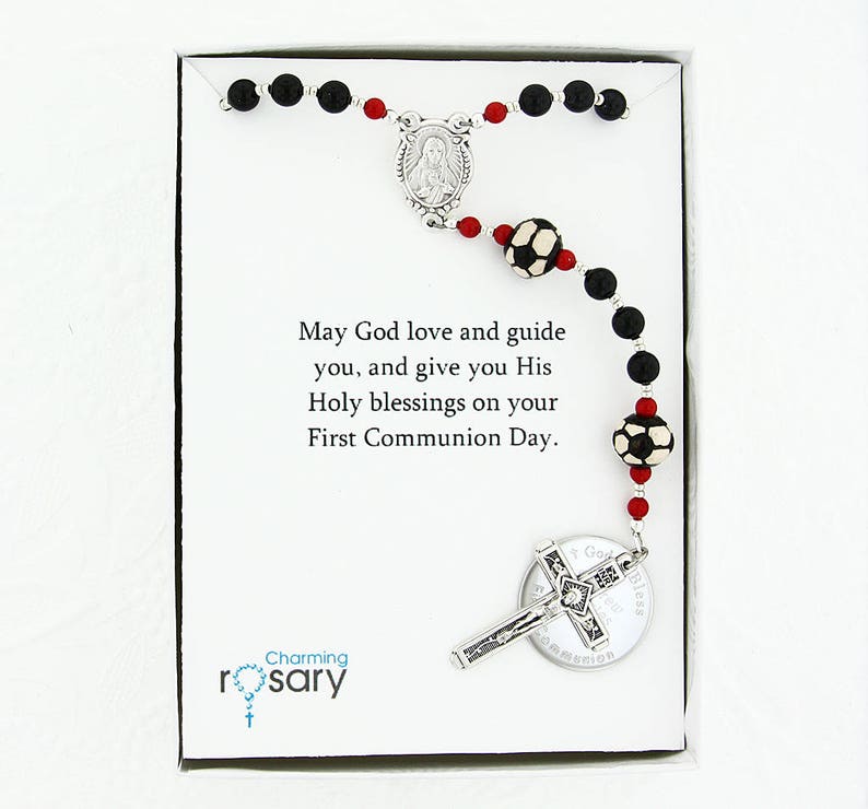 First Communion Rosary for Boys Communion Gift, Communion Beads, Boys Sport Rosary, Personalized Rosary, Black Soccer Rosary, SoccerBlRed image 2