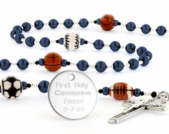 Sports Rosary for Boy's First Communion Gift, Custom Confirmation Beads with Baseball, Soccer, Basketball, Football in Blue, MultiSportDB