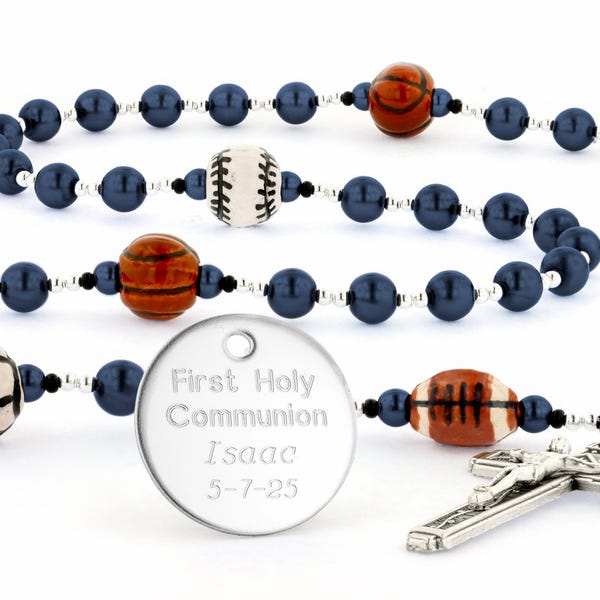 Sports Rosary for Boy's First Communion Gift, Custom Confirmation Beads with Baseball, Soccer, Basketball, Football in Blue, MultiSportDB