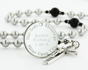 Boy First Communion Rosary, First Holy Communion Gift, Communion Beads, Personalized Rosary, Rosary Beads, Grey & Black Rosary, CheerGBlp