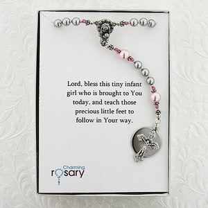 Girls Baptism Rosary, Christening Gift, Personalized Rosary, Custom Rosary Beads, Catholic Christening Rosary, Grey/Pink Rosary, PreciousGPc image 2