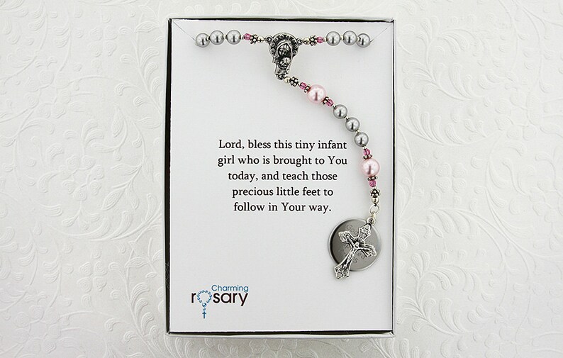 Girls Baptism Rosary, Christening Gift, Personalized Rosary, Custom Rosary Beads, Catholic Christening Rosary, Grey/Pink Rosary, PreciousGPc image 2