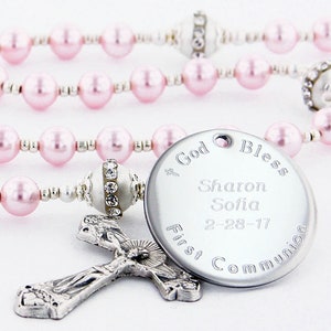 First Communion Rosary, Girl Communion Gift, Personalized Rosary, Girl Rosary, Communion Rosary Bead, Pink & Crystal Pearl Rosary, FancyPCPp