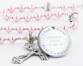 First Communion Rosary, Girl Communion Gift, Personalized Rosary, Girl Rosary, Communion Rosary Bead, Pink & Crystal Pearl Rosary, FancyPCPp