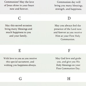 May include: A set of eight cards with different messages for a First Holy Communion. The cards are white with green borders and black text. The messages include blessings, wishes, and prayers for the recipient.