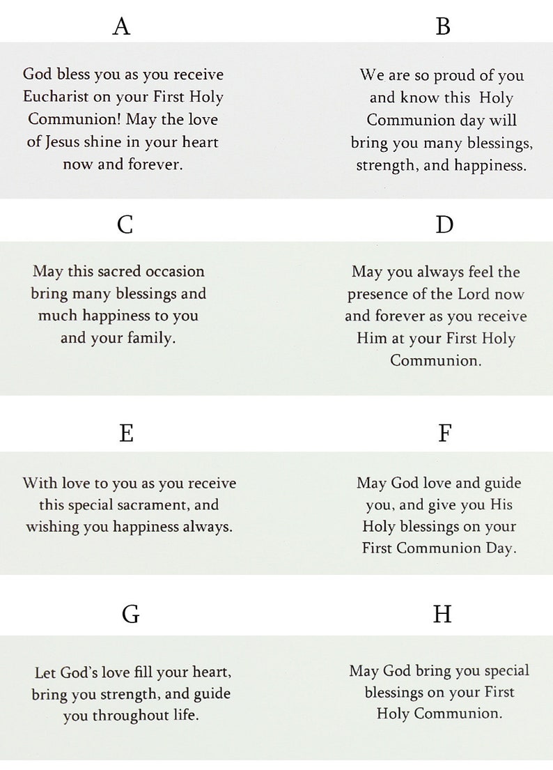 May include: A set of eight cards with different messages for a First Holy Communion. The cards are white with green borders and black text. The messages include blessings, wishes, and prayers for the recipient.