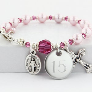 First Communion Bracelet, Rosary Bracelet for Communion, Confirmation, Quinceanera Gift, Personalized Catholic Engraved Bracelet, BrQuPC10c