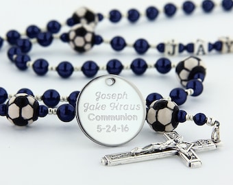 First Communion Boy's Soccer Rosary, Personalized Rosary in Blue Rosary Beads, Sports Rosary, Custom Rosary, Communion Gift, SoccerDB