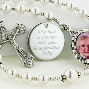 Memorial Rosary, Personalized Rosary Beads, Photo Rosary, Engraved Catholic Sympathy Gift, Remembrance Wedding Bouquet Charm, Bereavement