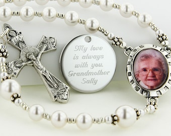 Memorial Rosary, Personalized Rosary Beads, Photo Rosary, Engraved Catholic Sympathy Gift, Remembrance Wedding Bouquet Charm, Bereavement