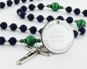 First Communion Rosary for Boys Communion Gift, Personalized Rosary, Communion Beads, Engraved Rosary, Dark Blue & Green Rosary, CheerDBGRp