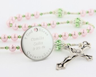 Quinceanera Rosary, Quince Gift, Sweet 15, Custom Engraved Personalized Catholic Rosary Beads, Pink & Green Rosary, PrincessPC8