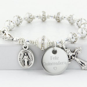Communion Bracelet, Rosary Bracelet for Communion, Confirmation or Quinceanera Gift, Personalized Catholic Engraved Bracelet, BrQuCPCPc