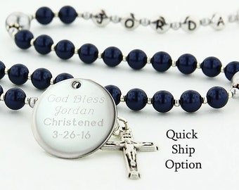 Baptism Boy Rosary, Personalized Rosary, Baptism Gift, Christening Gift, Christening Rosary, Dark Blue & Gray Rosary Beads, SweetDBGp