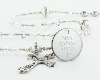 Quinceanera Rosary, Personalized Rosary for Quince Anos, Quinceanera Jewelry, Catholic Rosary Beads, Crystal Rosary for Sweet 15, RegalC4CPp