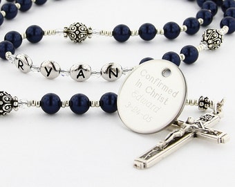 Confirmation Rosary, Confirmation Gift, Catholic Confirmation, Boy Rosary, Personalized Rosary, Rosary Bead, Dark Blue Rosary, PeaceDBSc