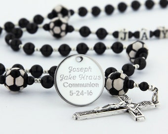 First Communion Boy's Soccer Rosary, Personalized Rosary in Black Rosary Beads, Sports Rosary, Custom Rosary, Communion Gift, SoccerBl