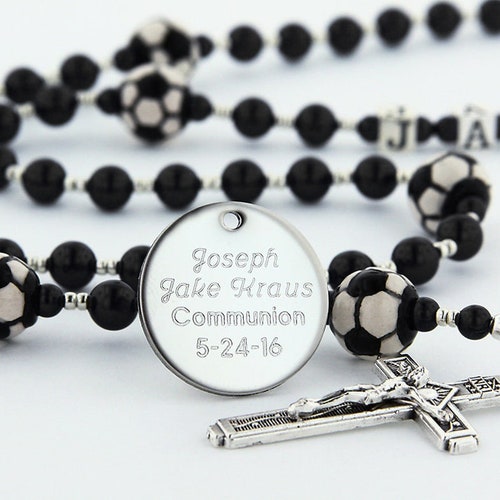 Chapelet de football première communion pour garçon, chapelet personnalisé en perles de chapelet noires, chapelet sportif, chapelet personnalisé, cadeau de communion, SoccerBl
