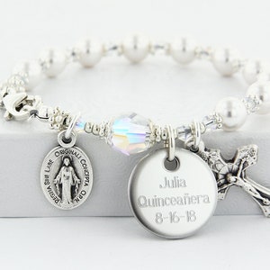 First Communion Bracelet, Rosary Bracelet for Communion, Confirmation or Quinceanera Gift, Personalized Catholic Engraved Jewelry, BrQuWC4ab