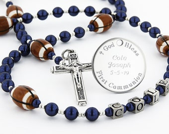 First Communion Rosary with Footballs, Boys Communion Gift, Communion Beads, Sports Rosary, Personalized Rosary, Rosary Beads, FootballDB